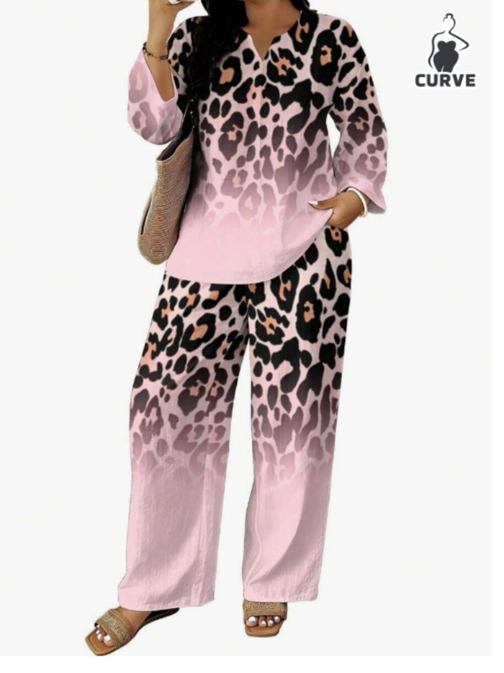 SHEIN  New Pink Ombre Leopard Print Long Sleeve Top and Pant Set